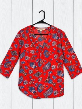 Anne Carson Womens Red Floral V-Neck 3/4 Sleeve Pullover Blouse L